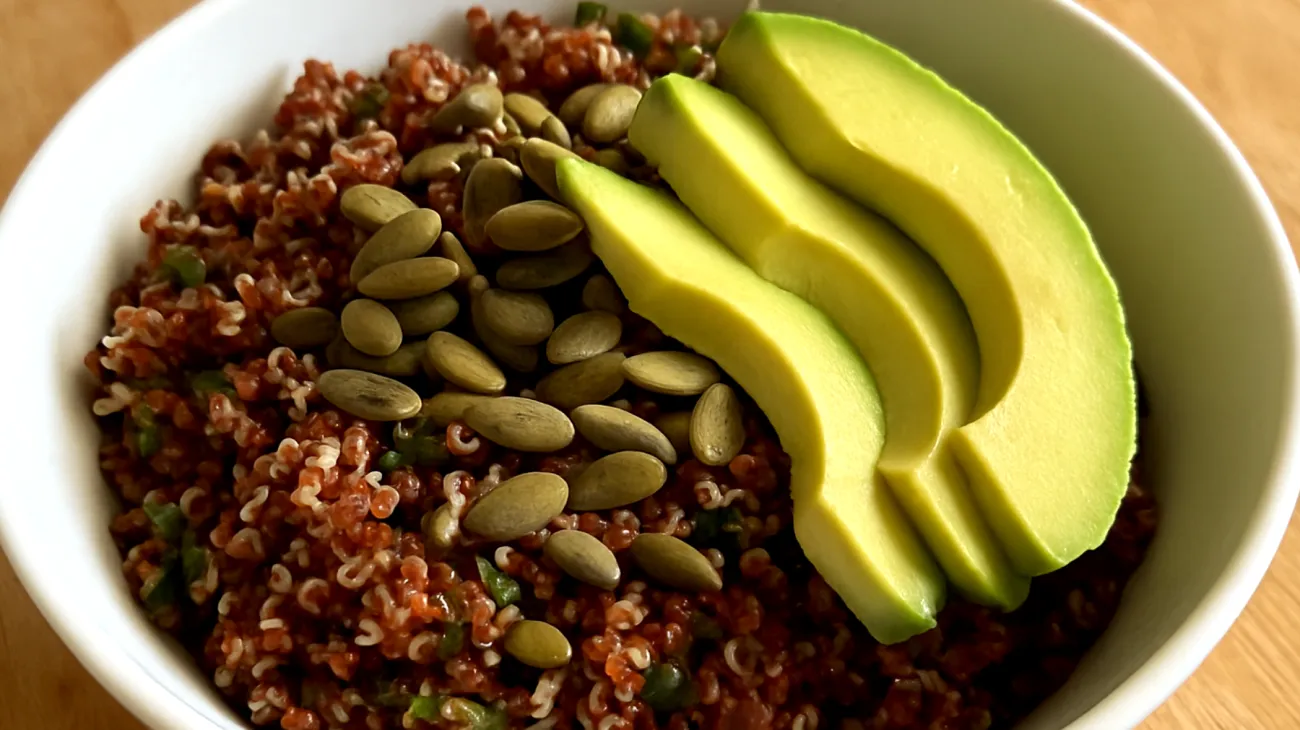 Insalata di quinoa rossa con semi di zucca e avocado"